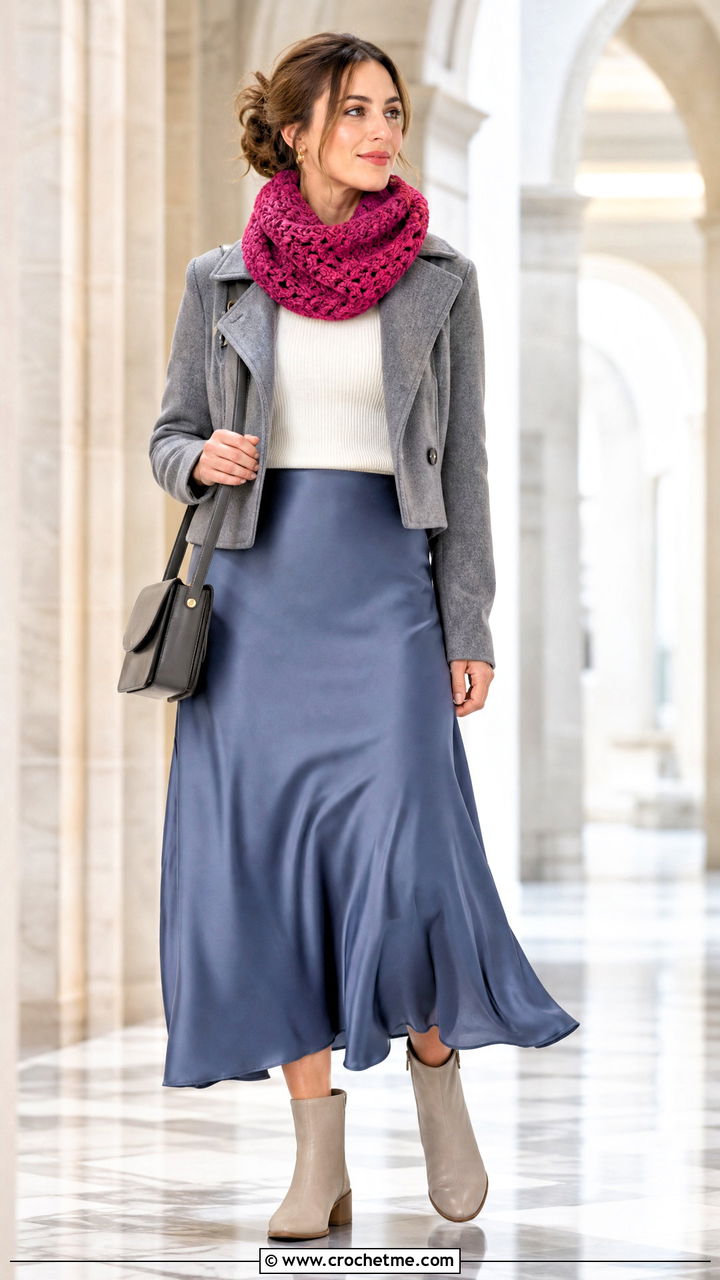 Shell Stitch Crochet Cowl Scarf With Midi Skirt - 35 crochet cowell scarf outfit ideas