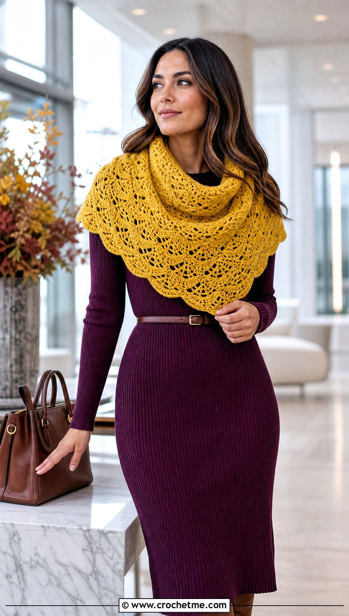 Shell Stitch Crochet Cowl Shawl With Knit Dress - 20 crochet cowl shawl outfit ideas