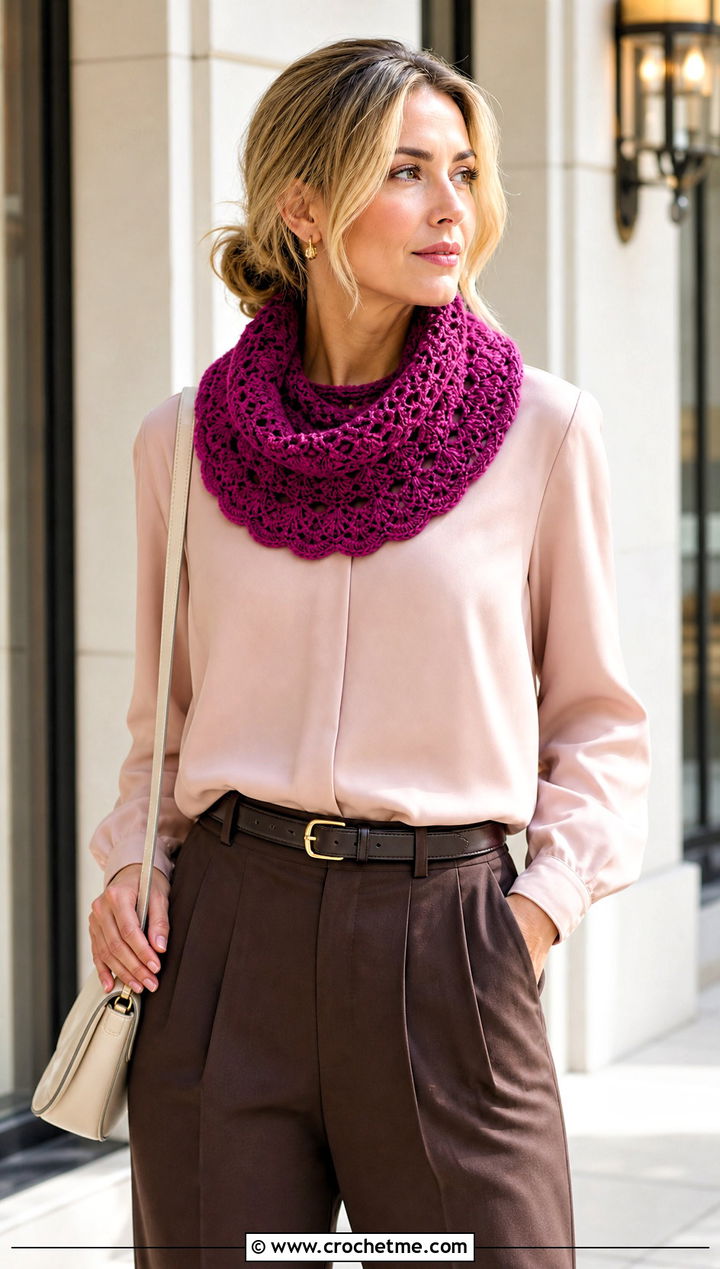 Shell Stitch Crochet Cowl With Blouse And Pleated Pants - 15 Crochet For Cowl Scarf outfit ideas