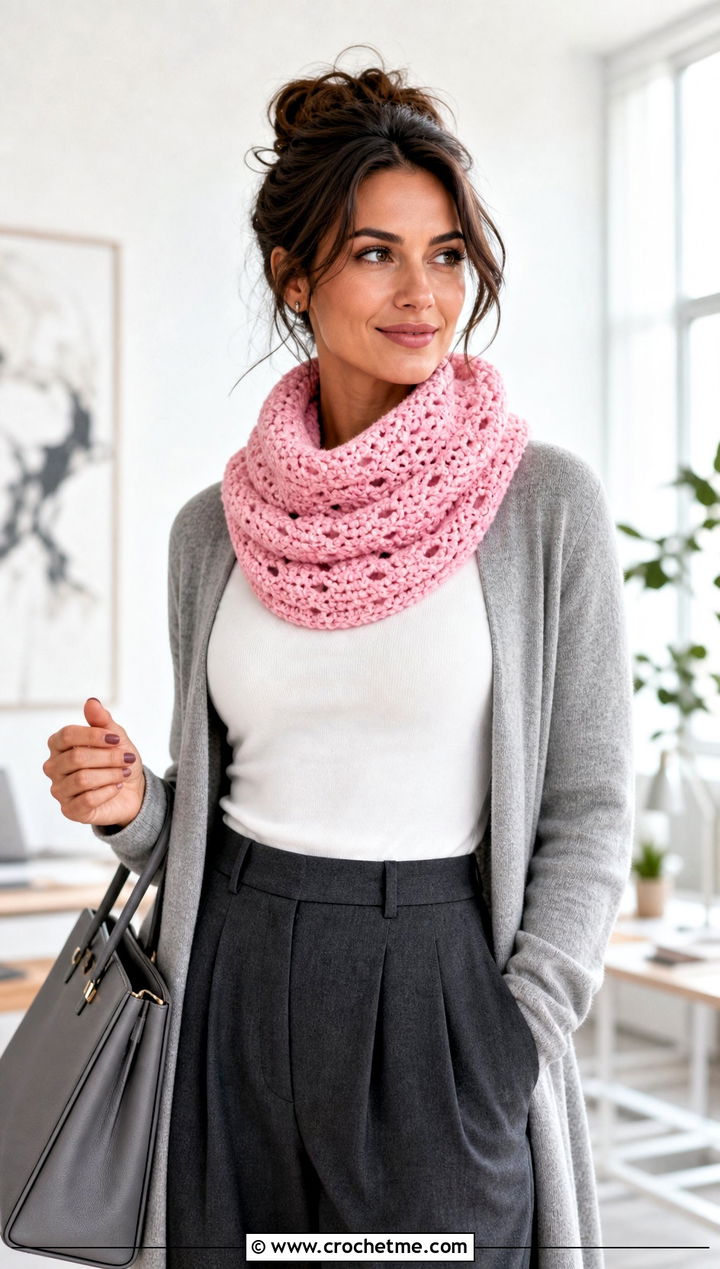 Shell Stitch Crochet Cowl With Cardigan And Pleated Pants - 35 crochet neck warmer cowls outfit ideas