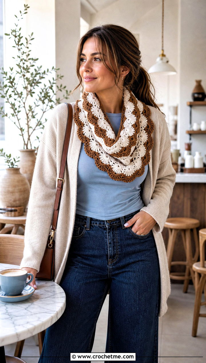 Shell Stitch Crochet Cowl With Cardigan And Wide Leg Jeans - 15 brown and white crochet cowl outfit ideas