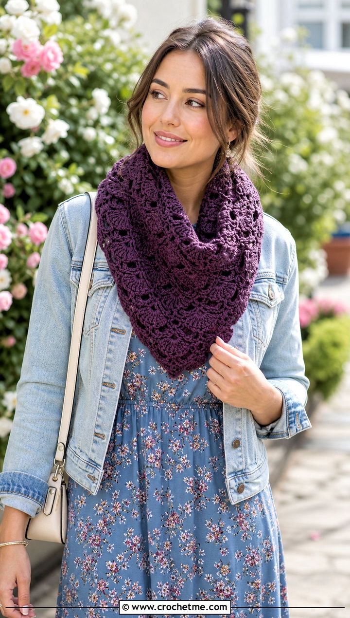 Shell Stitch Crochet Cowl With Floral Dress - 20 Simple Crochet Cowl outfit ideas