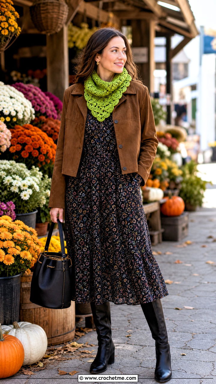 Shell Stitch Crochet Cowl With Floral Midi Dress - 35 crochet cowls outfit ideas