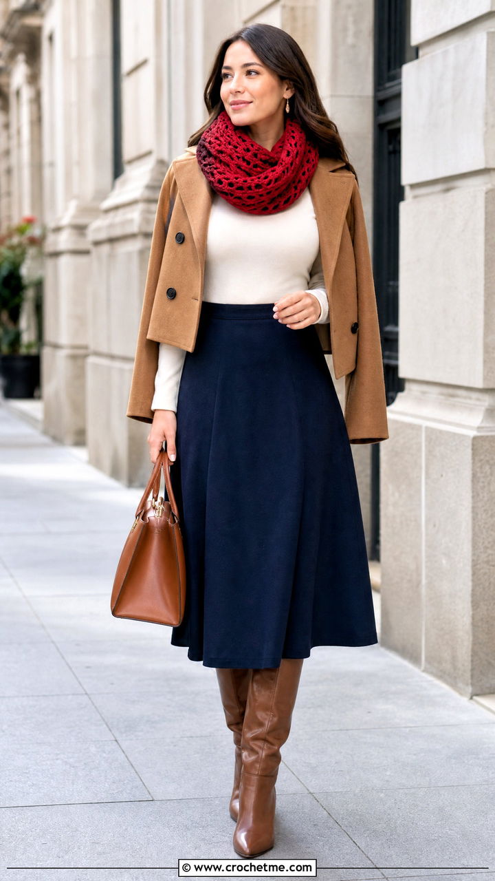 Shell Stitch Crochet Cowl With Midi Skirt - 35 crochet cowl outfit ideas