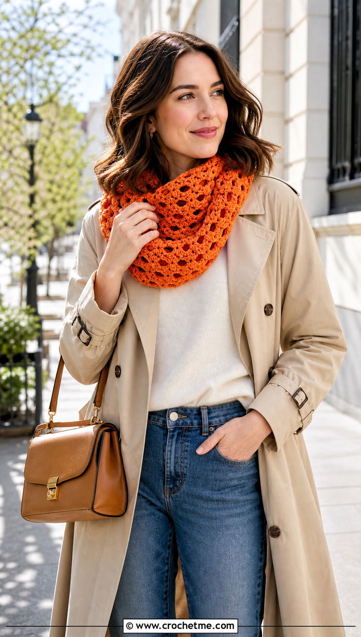 Shell Stitch Crochet Cowl With Trench Coat - 25 cowl crochet scarf outfit ideas
