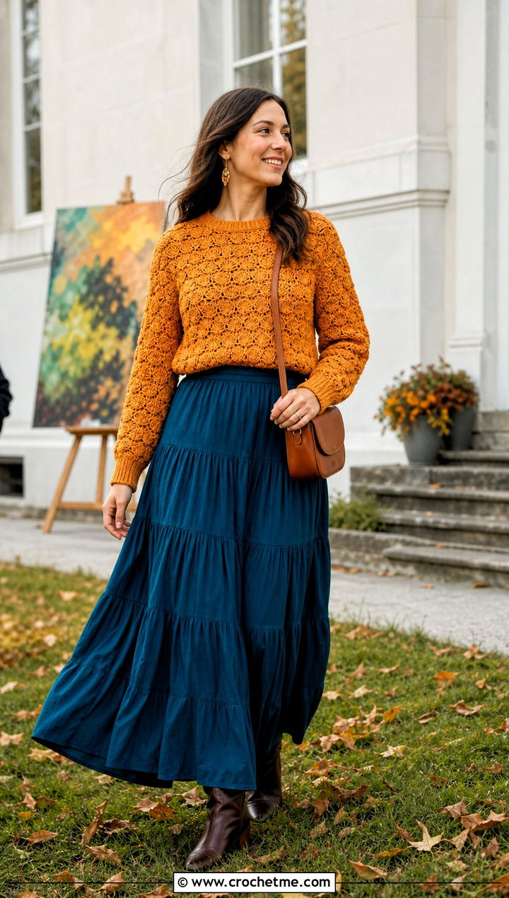 Shell Stitch Crochet Crewneck Sweater With Tiered Maxi Skirt - 30 crochet crewneck sweater outfit ideas