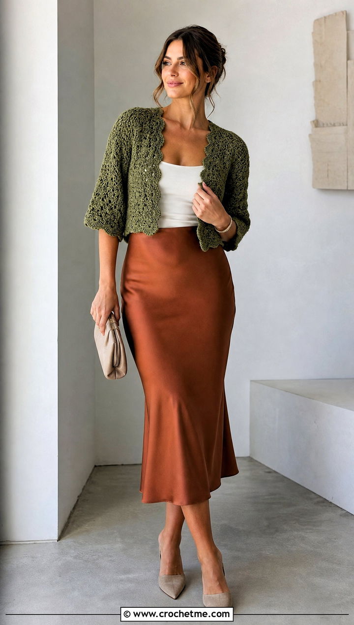 Shell Stitch Crochet Crop Cardigan With Bias Cut Midi Skirt - 30 crochet crop cardigan outfit ideas