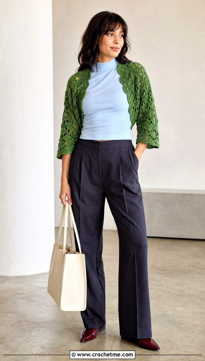 Shell Stitch Crochet Crop Shrug With Pleated Trousers - 25 Crochet Crop Shrug outfit ideas