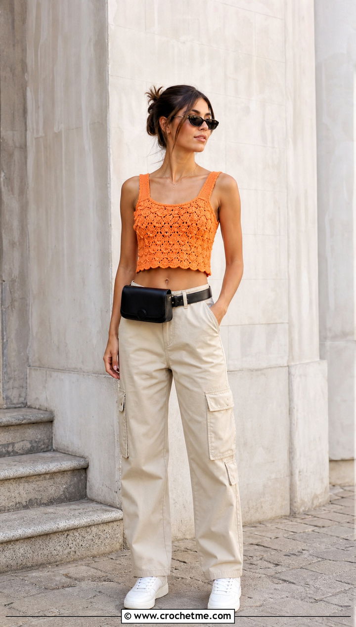 Shell Stitch Crochet Crop Top With Cargo Pants - 25 boho crochet crop top outfit ideas