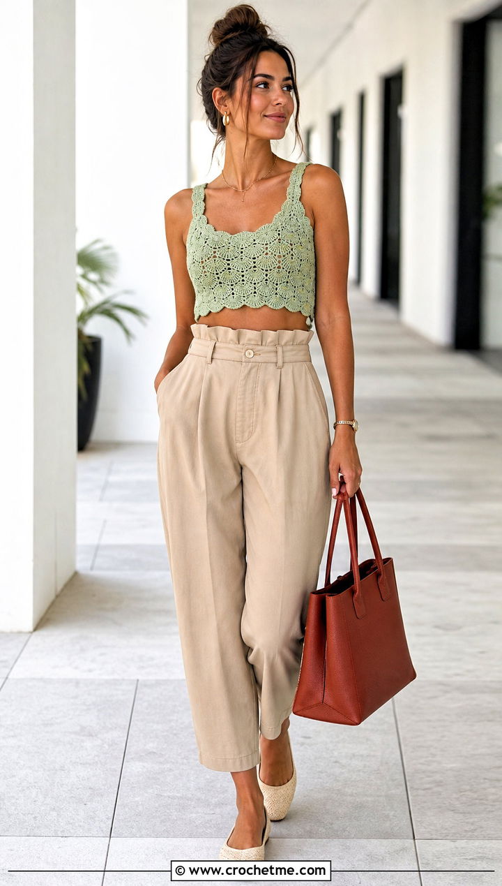 Shell Stitch Crochet Crop Top With Paperbag Pants - 20 Crochet Crop Top Inspiration outfit ideas