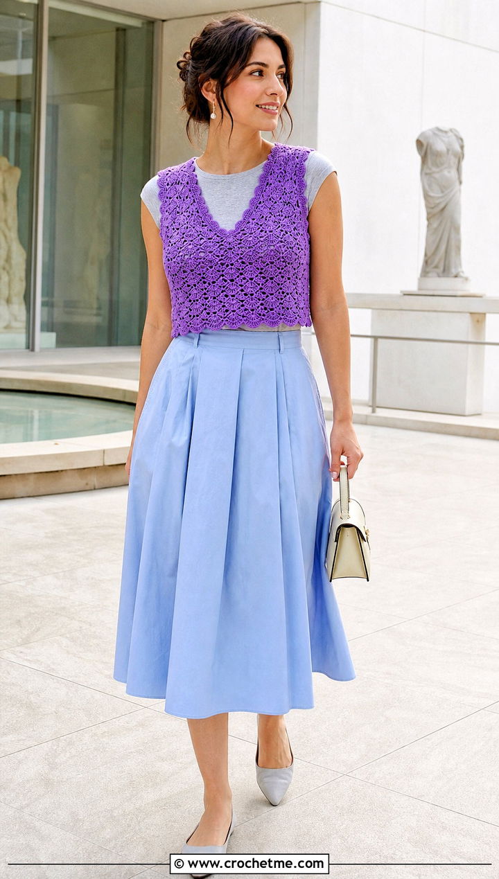 Shell Stitch Crochet Crop Vest With A Line Midi Skirt - 30 crochet crop vest outfit ideas