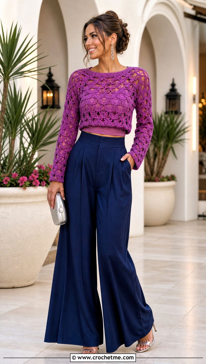Shell Stitch Crochet Cropped Jumper With Palazzo Pants - 30 crochet cropped jumper outfit ideas