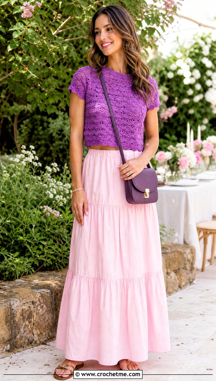 Shell Stitch Crochet Cropped Shirt With Tiered Maxi Skirt - 30 crochet cropped shirt outfit ideas