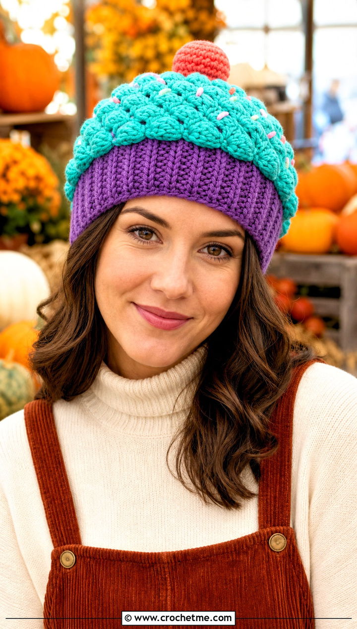 Shell Stitch Crochet Cupcake Hat With Corduroy Dress - 30 crochet cupcake hat outfit ideas