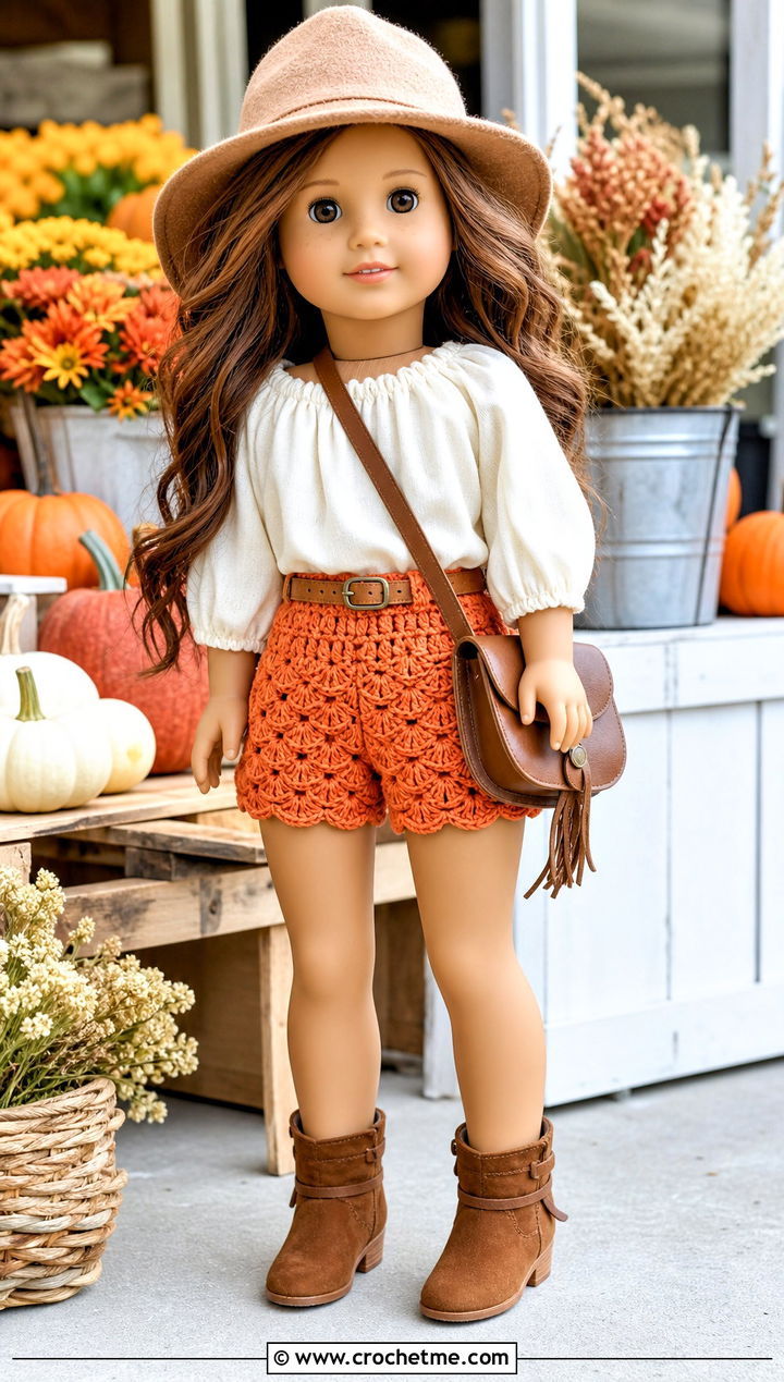 Shell Stitch Crochet Doll Shorts With Peasant Blouse - 30 crochet doll shorts outfit ideas