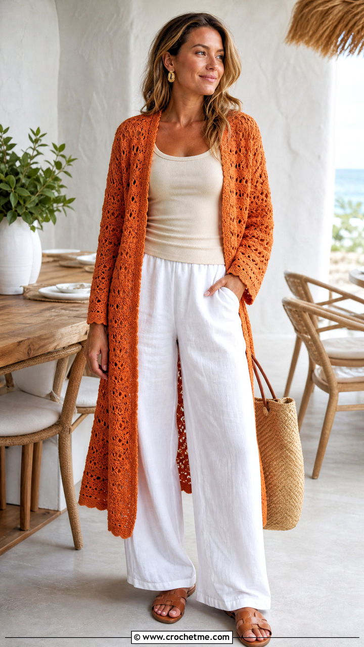 Shell Stitch Crochet Duster Cardigan With Linen Pants - 35 crochet duster cardigan outfit ideas