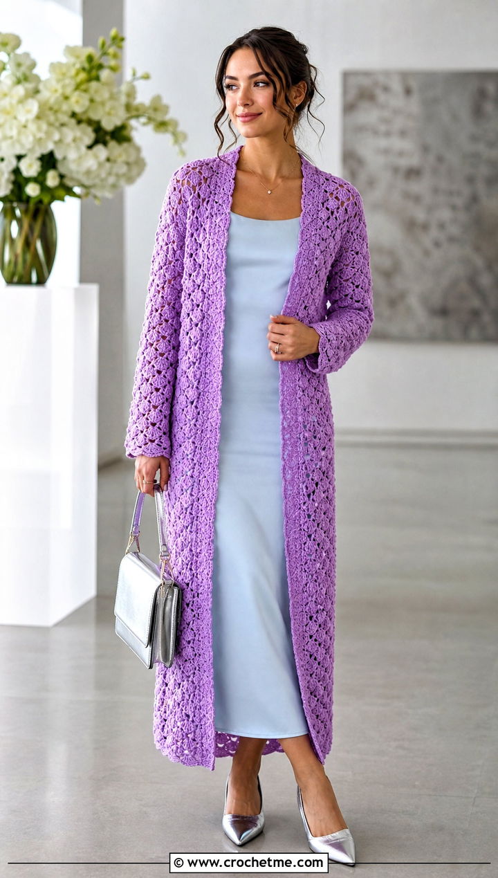 Shell Stitch Crochet Duster With Column Dress - 25 crochet duster outfit ideas