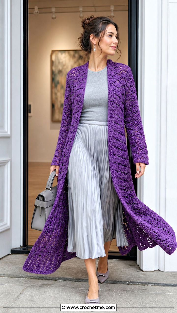 Shell Stitch Crochet Duster With Pleated Midi Skirt - 25 Easy Crochet Duster outfit ideas
