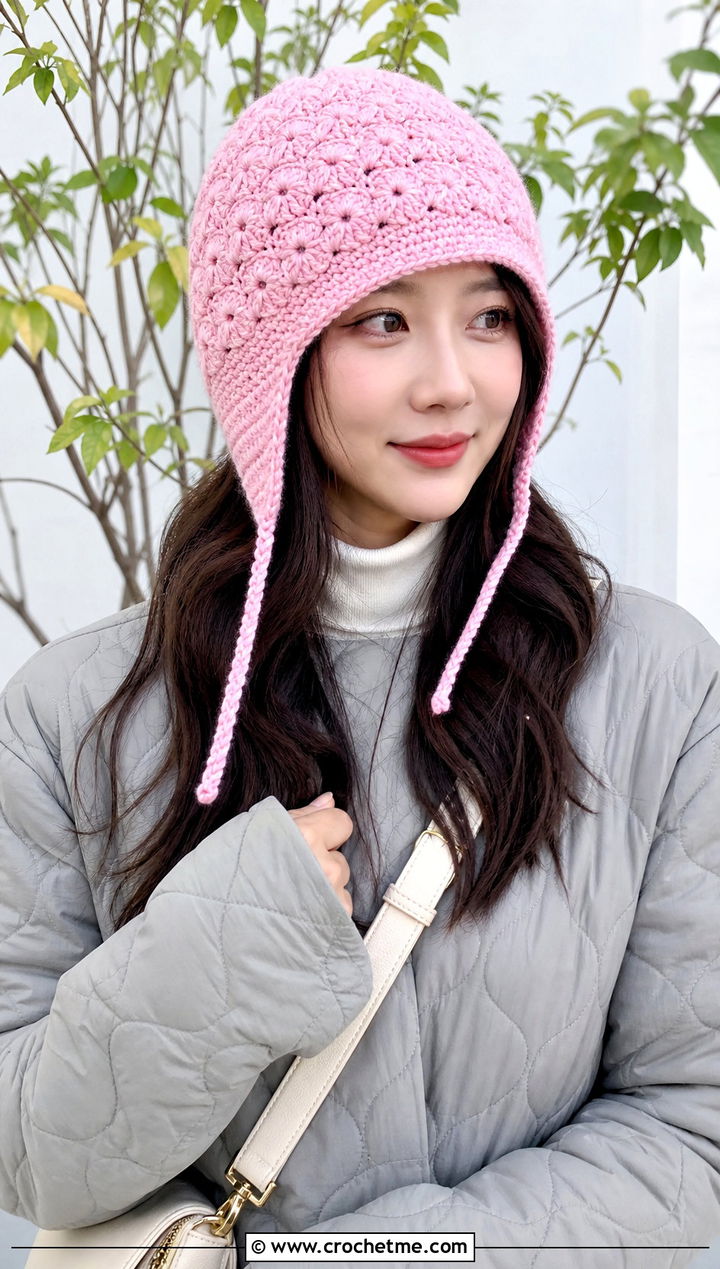 Shell Stitch Crochet Ear Flap Hat With Quilted Coat - 30 crochet adult ear flap hat outfit ideas
