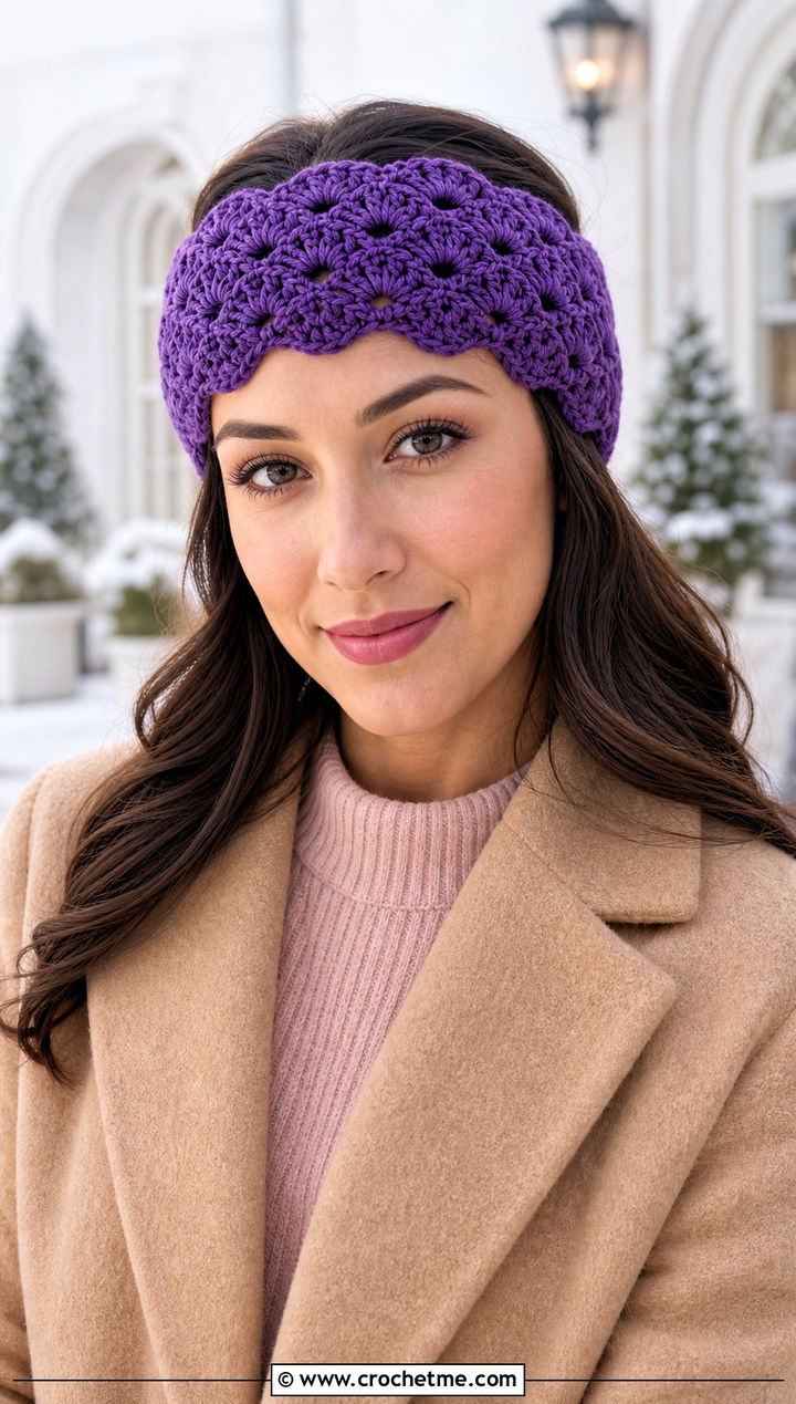Shell Stitch Crochet Ear Headband With Sweater Dress And Boots - 30 crochet ear headband outfit ideas