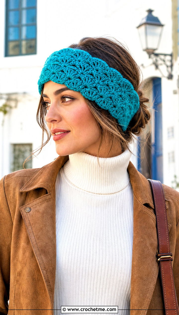 Shell Stitch Crochet Ear Warmer With Flare Jeans - 25 Beginner Crochet Ear Warmer outfit ideas