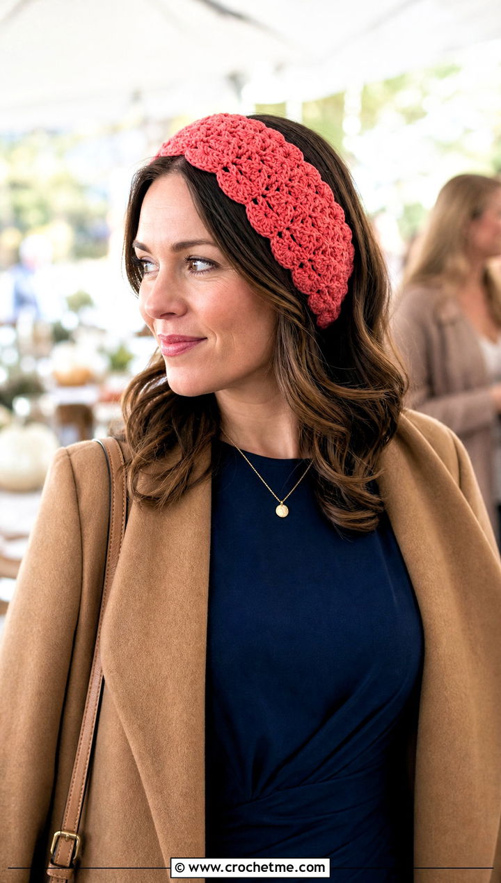 Shell Stitch Crochet Ear Warmer With Midi Dress - 25 Diy Crochet Headband Ear Warmers outfit ideas