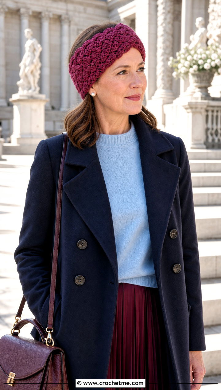 Shell Stitch Crochet Ear Warmer With Peacoat And Pleated Skirt - 30 crochet ear warmer headband outfit ideas