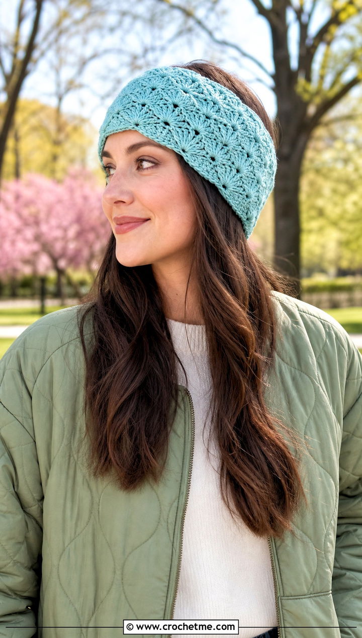 Shell Stitch Crochet Ear Warmer With Quilted Jacket - 20 Crochet Headband Ear Warmers outfit ideas