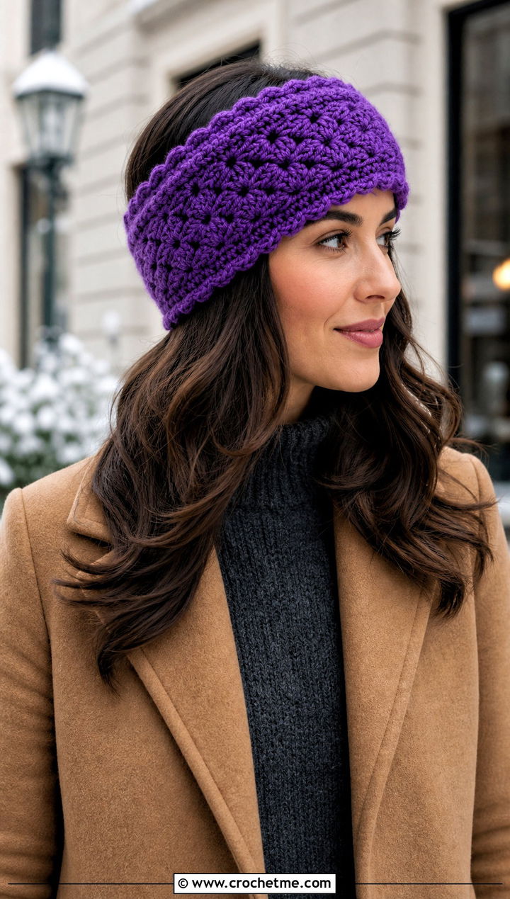 Shell Stitch Crochet Ear Warmer With Sweater Dress and Boots - 25 Simple Crochet Ear Warmer outfit ideas