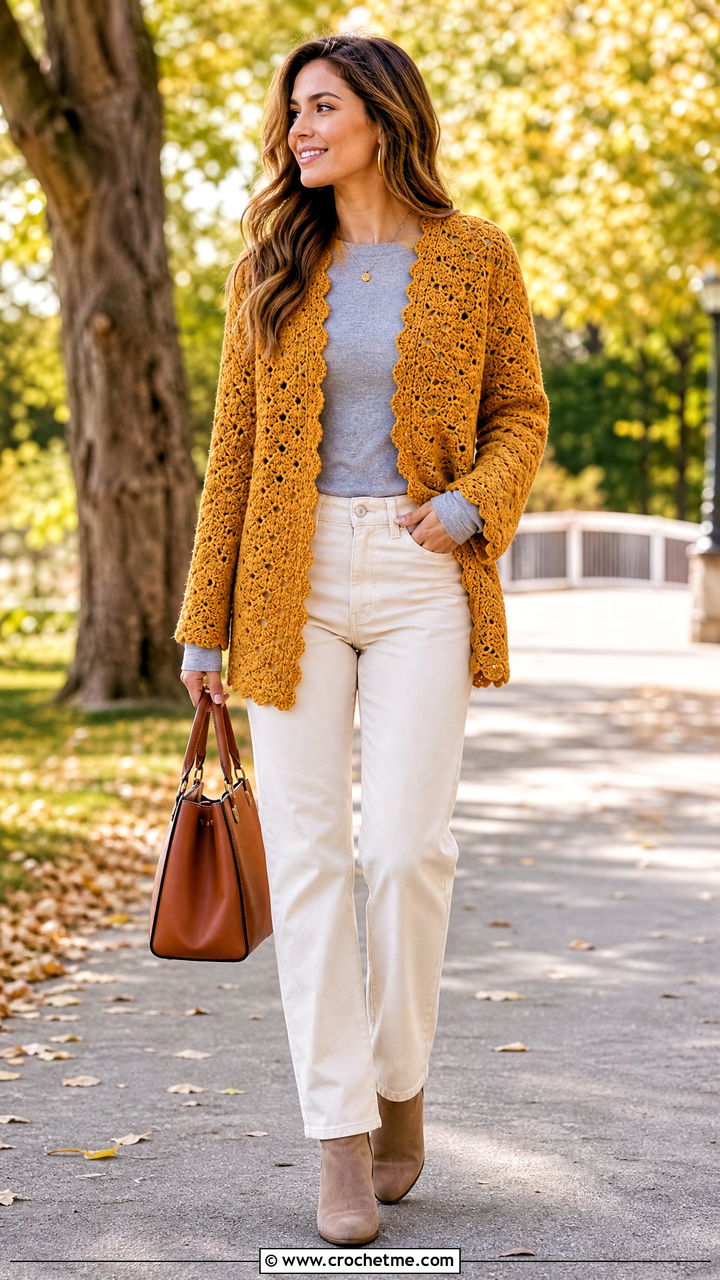 Shell Stitch Crochet Fall Cardigan With White Jeans - 35 crochet fall cardigan outfit ideas