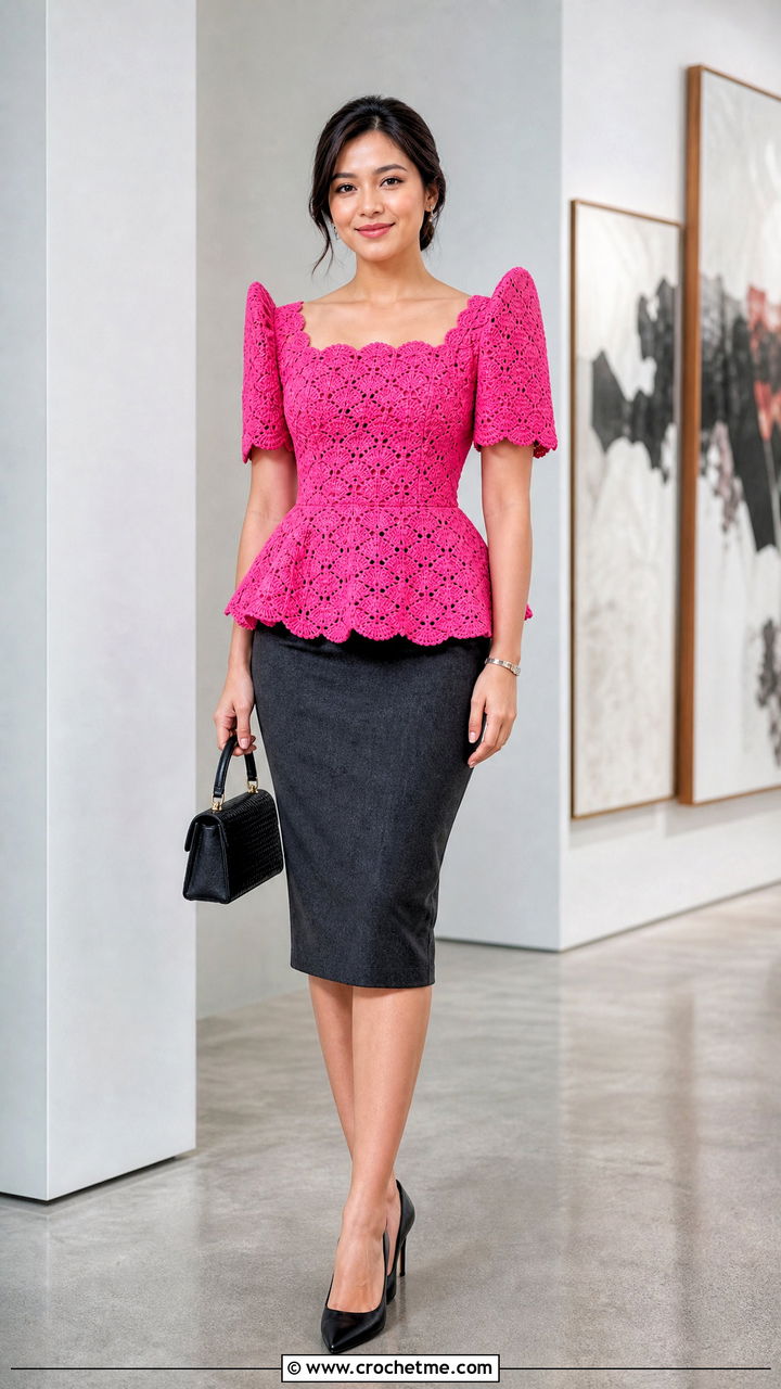 Shell Stitch Crochet Filipiniana Peplum Top With Pencil Skirt - 35 crochet filipiniana top outfit ideas