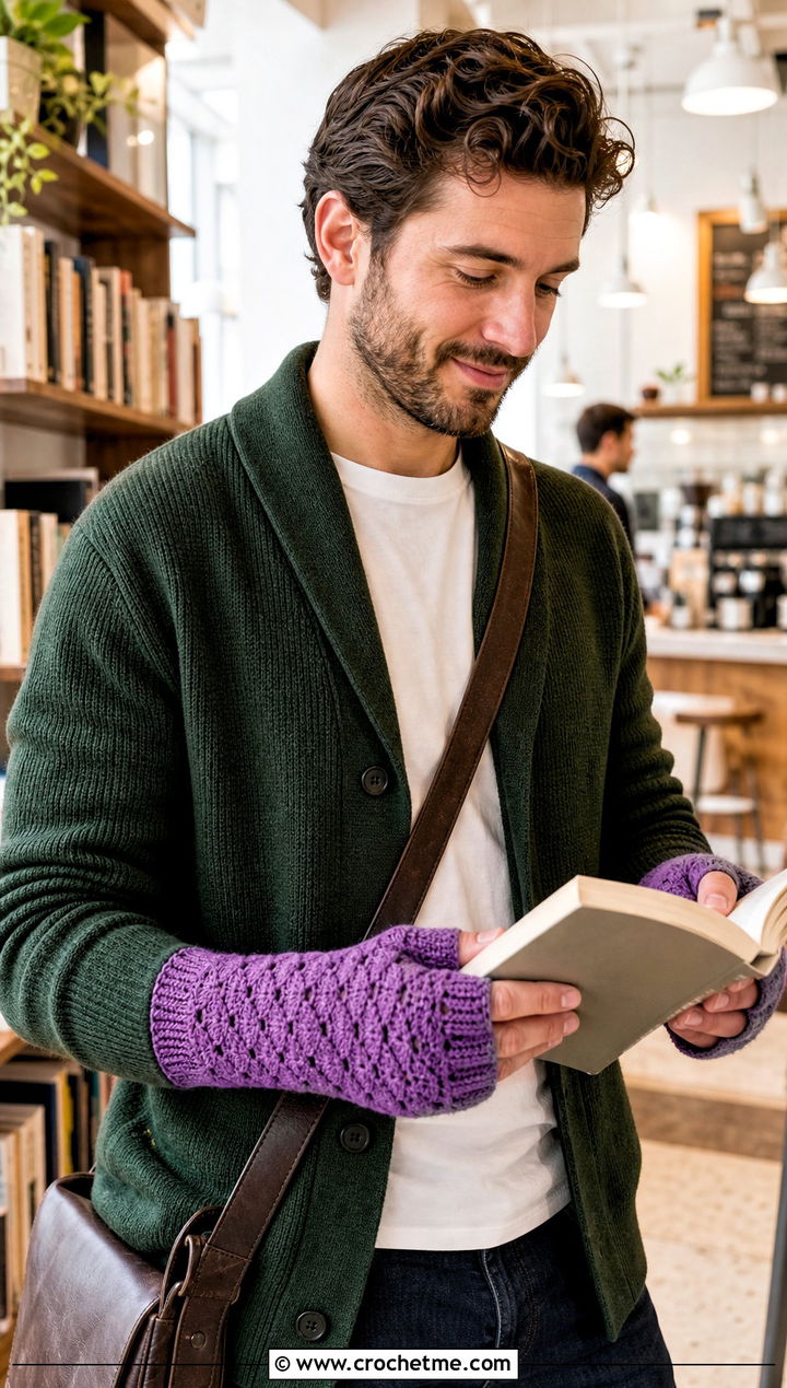 Shell Stitch Crochet Fingerless Gloves With Cardigan - 25 Crochet Mens Gloves outfit ideas