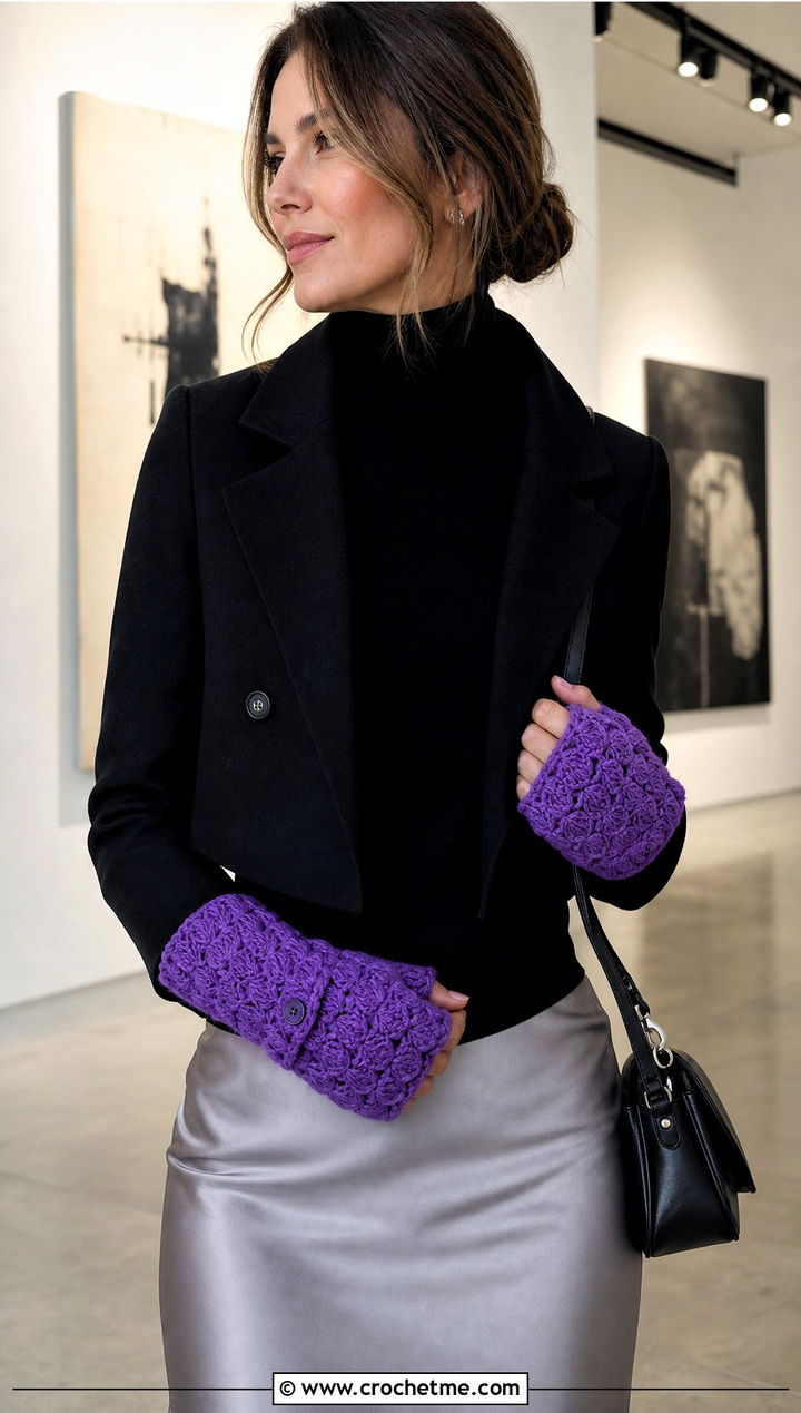 Shell Stitch Crochet Fingerless Gloves With Flap And Satin Skirt - 30 crochet fingerless gloves with flap outfit ideas