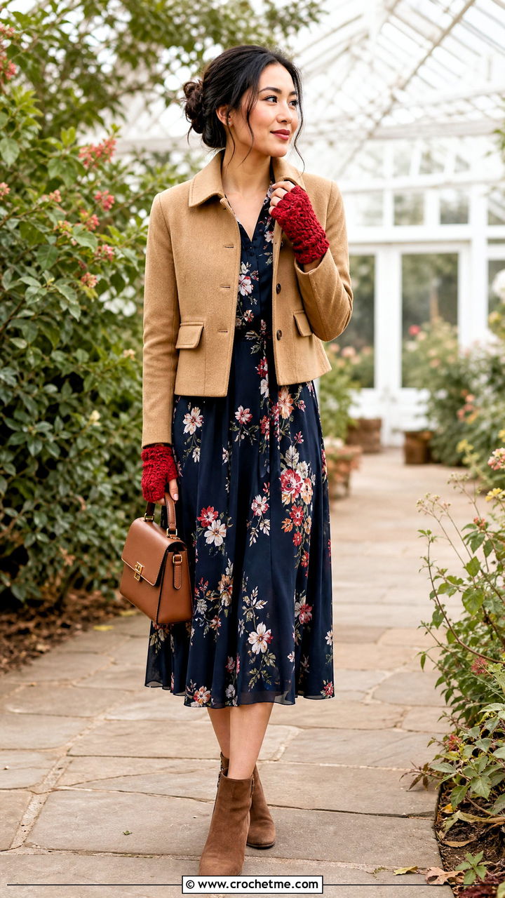 Shell Stitch Crochet Fingerless Gloves With Floral Midi Dress - 35 crochet fingerless gloves outfit ideas