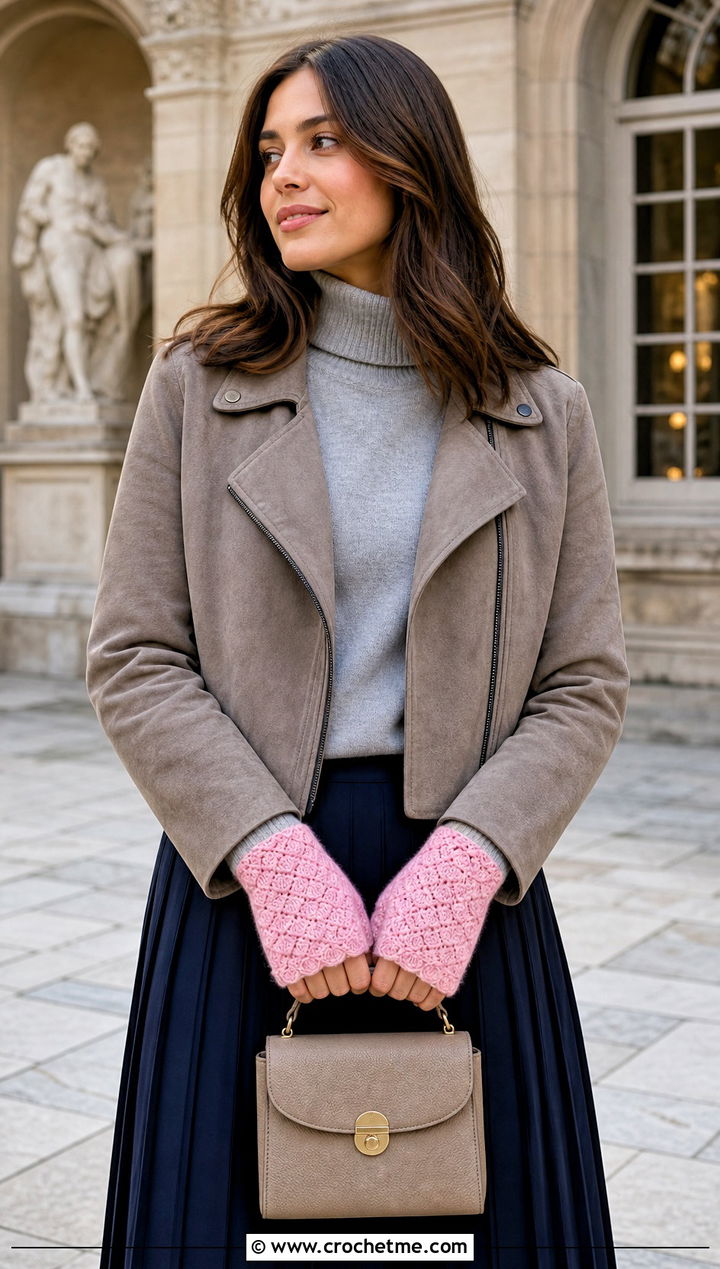 Shell Stitch Crochet Fingerless Mitts With Midi Skirt - 25 Crochet Fingerless Mitts outfit ideas