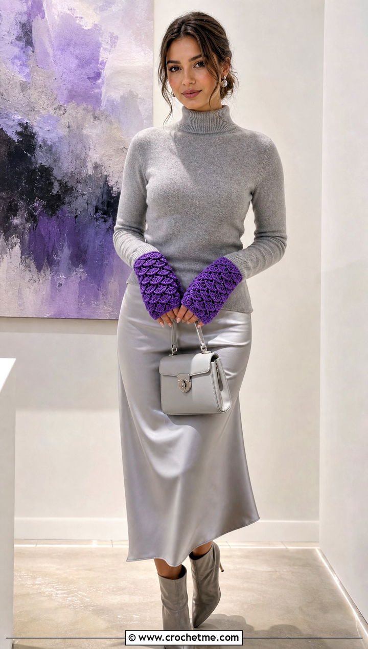 Shell Stitch Crochet Fingerless Mitts With Satin Skirt - 30 crochet half gloves fingerless mitts outfit ideas