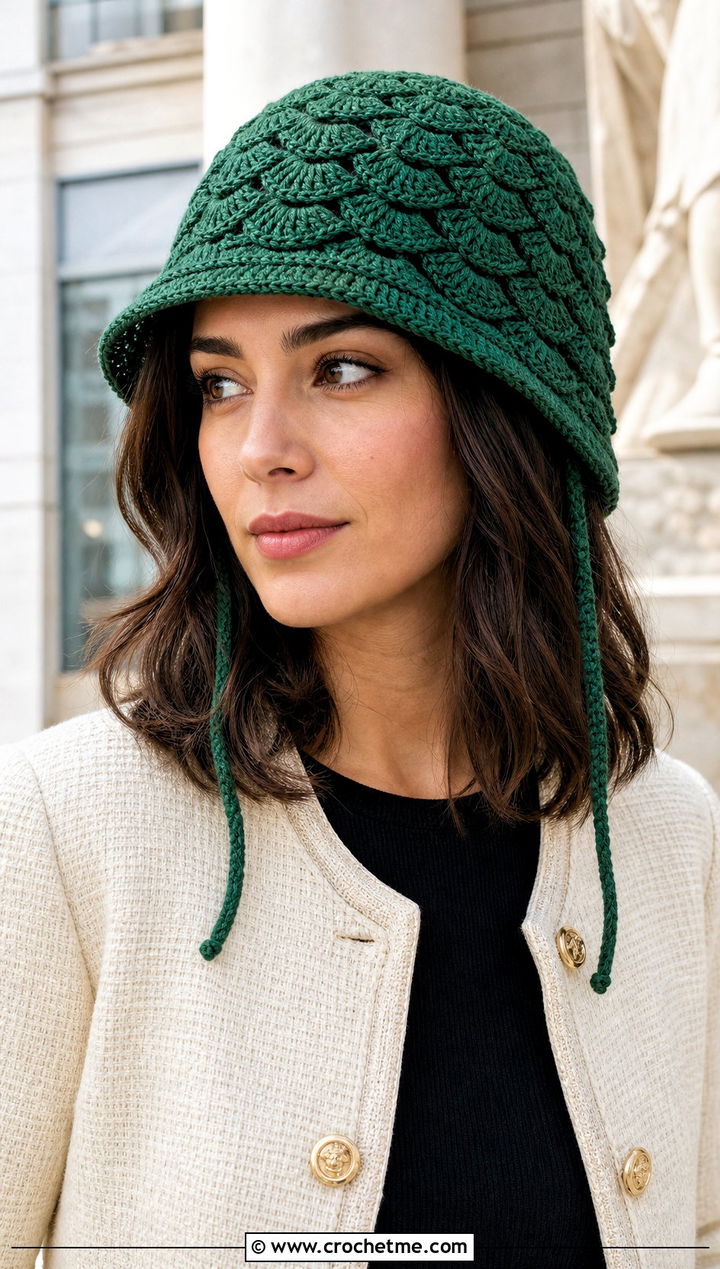 Shell Stitch Crochet Flap Hat With Tweed Jacket - 30 crochet flap hat outfit ideas