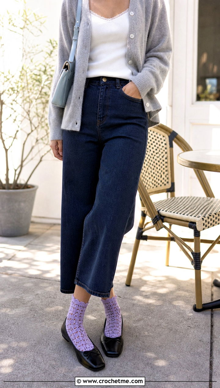 Shell Stitch Crochet Flat Socks With Wide Leg Jeans - 25 Crochet Flat Socks outfit ideas