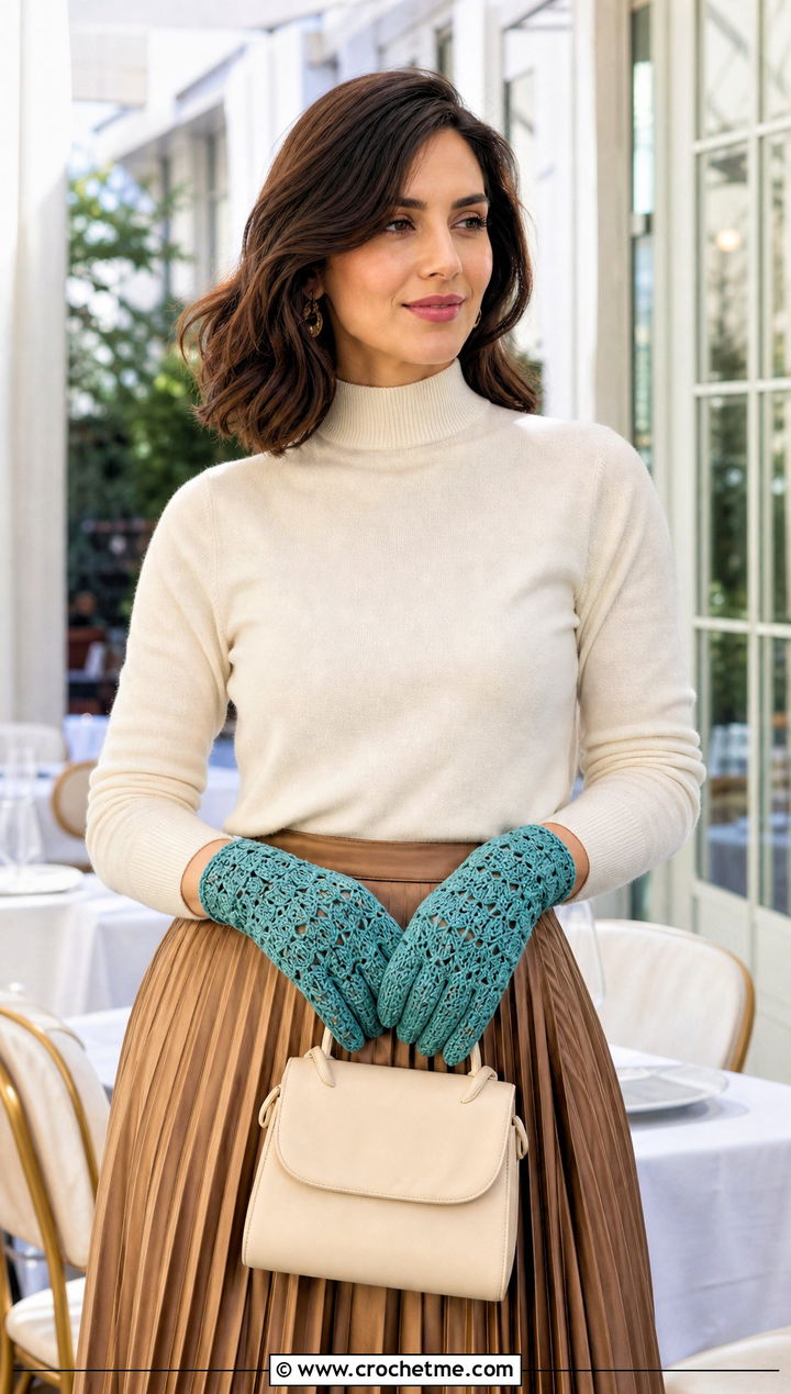 Shell Stitch Crochet Gloves With Pleated Skirt - 25 crocheted gloves outfit ideas