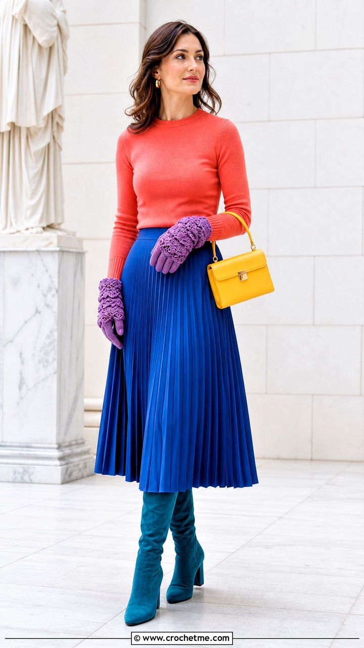 Shell Stitch Crochet Gloves With Pleated Skirt - 35 crochet gloves outfit ideas