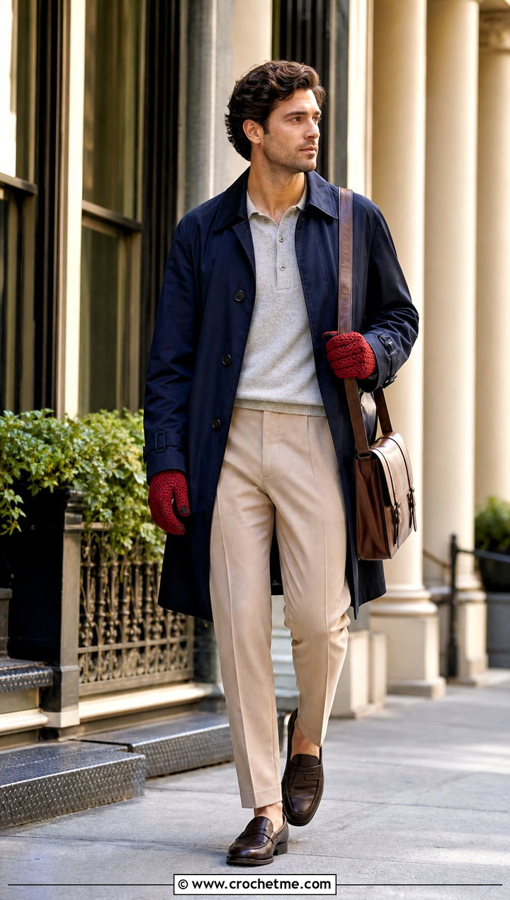 Shell Stitch Crochet Gloves With Trench Coat - 35 men crochet gloves outfit ideas