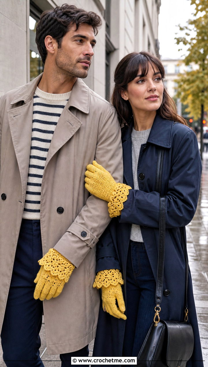 Shell Stitch Crochet Gloves With Trench Coats - 25 Crochet Gloves For Couples outfit ideas