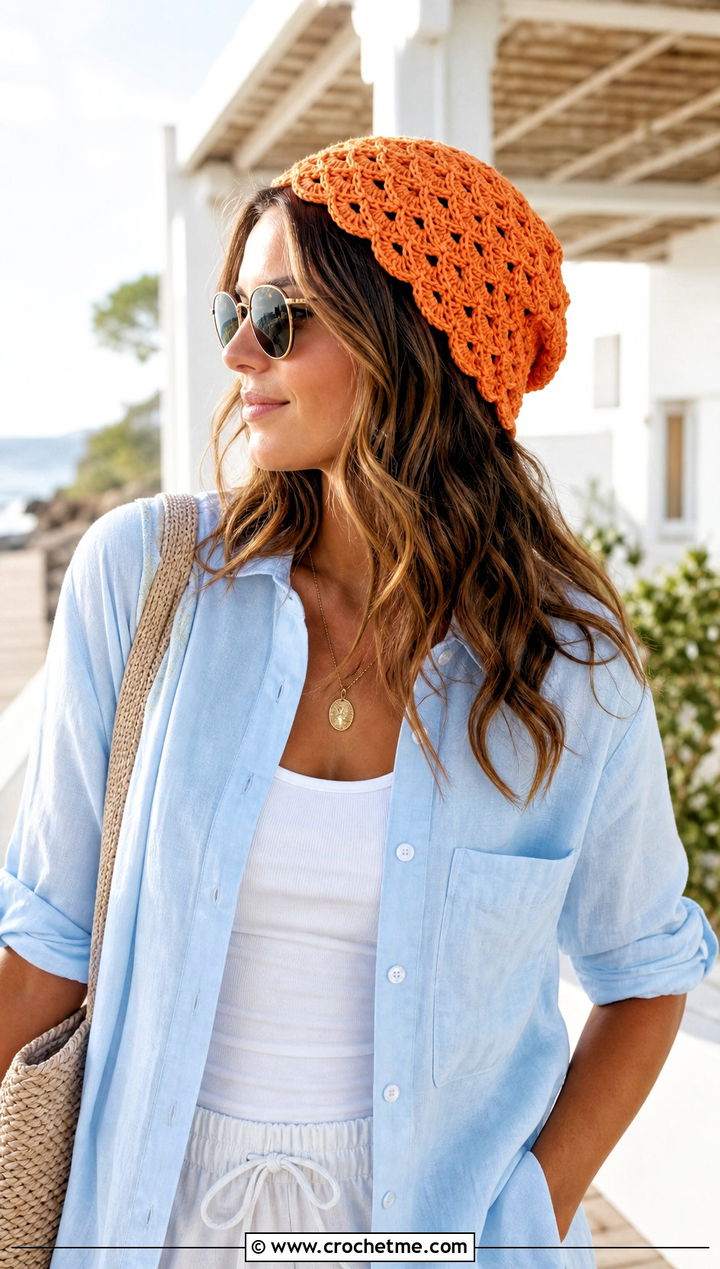 Shell Stitch Crochet Hair Cap With Linen Set - 15 crochet hair cap outfit ideas