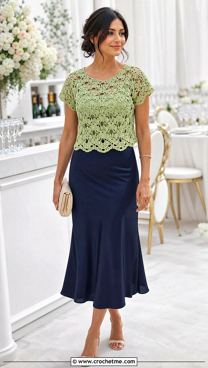 Shell Stitch Crochet Half Top With Bias Skirt - 30 Crochet Long Sleeve Half Top outfit ideas
