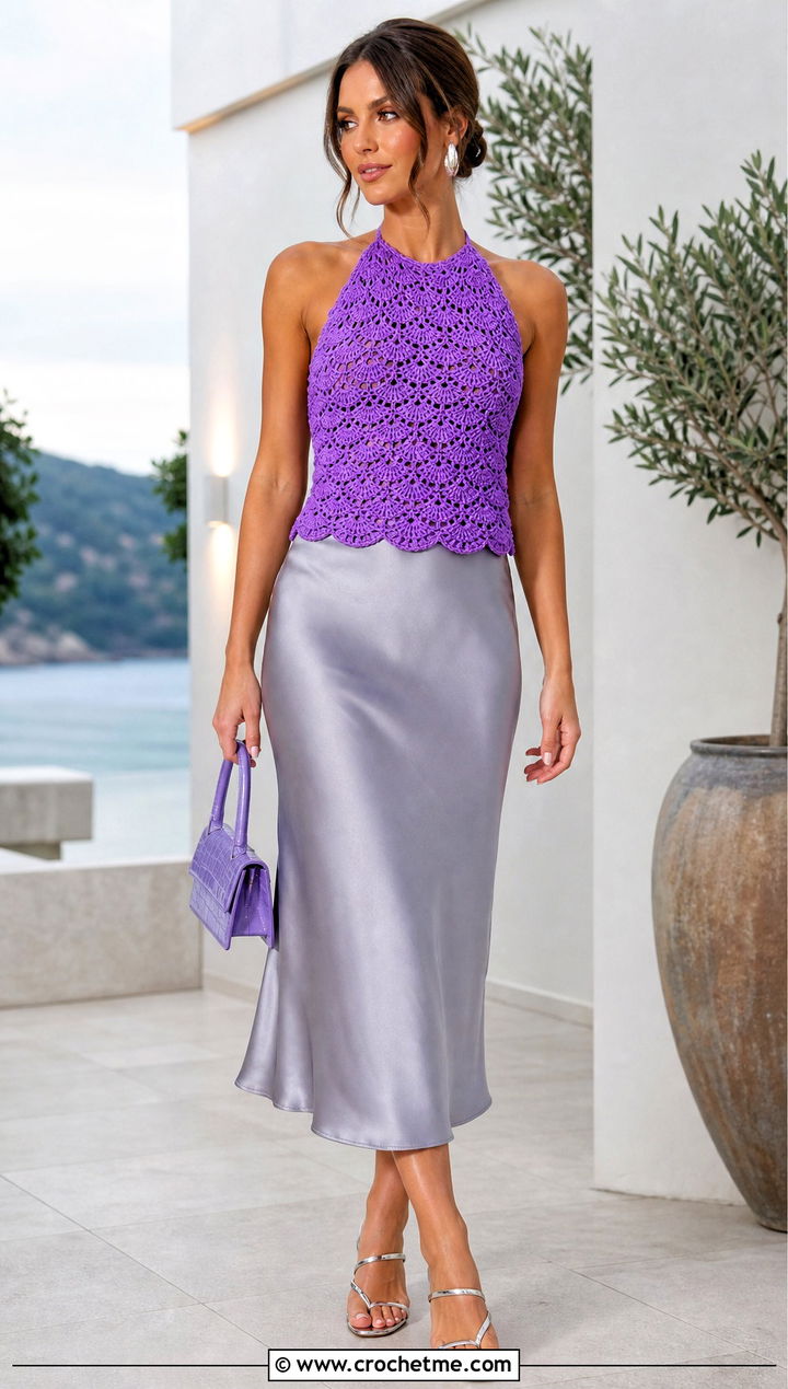 Shell Stitch Crochet Halter Top With Satin Midi Skirt - 35 crochet halter tops outfit ideas