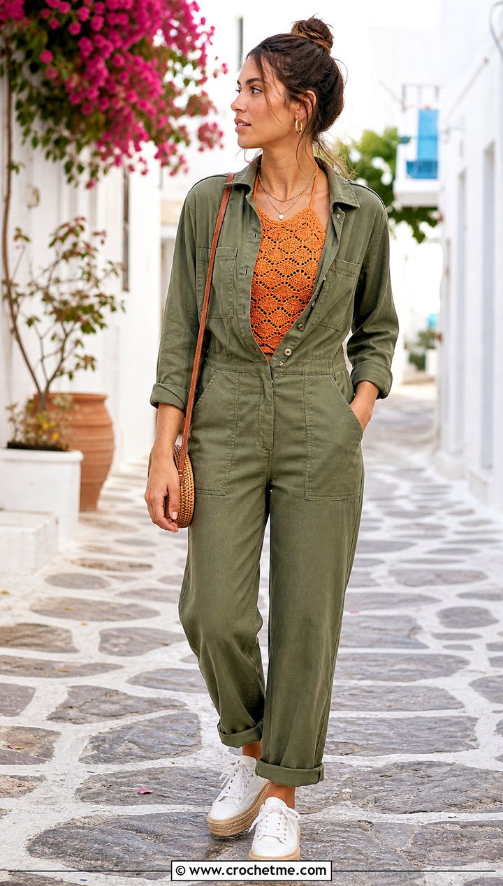 Shell Stitch Crochet Halter Top With Utility Jumpsuit - 20 Simple Crochet Halter Top outfit ideas