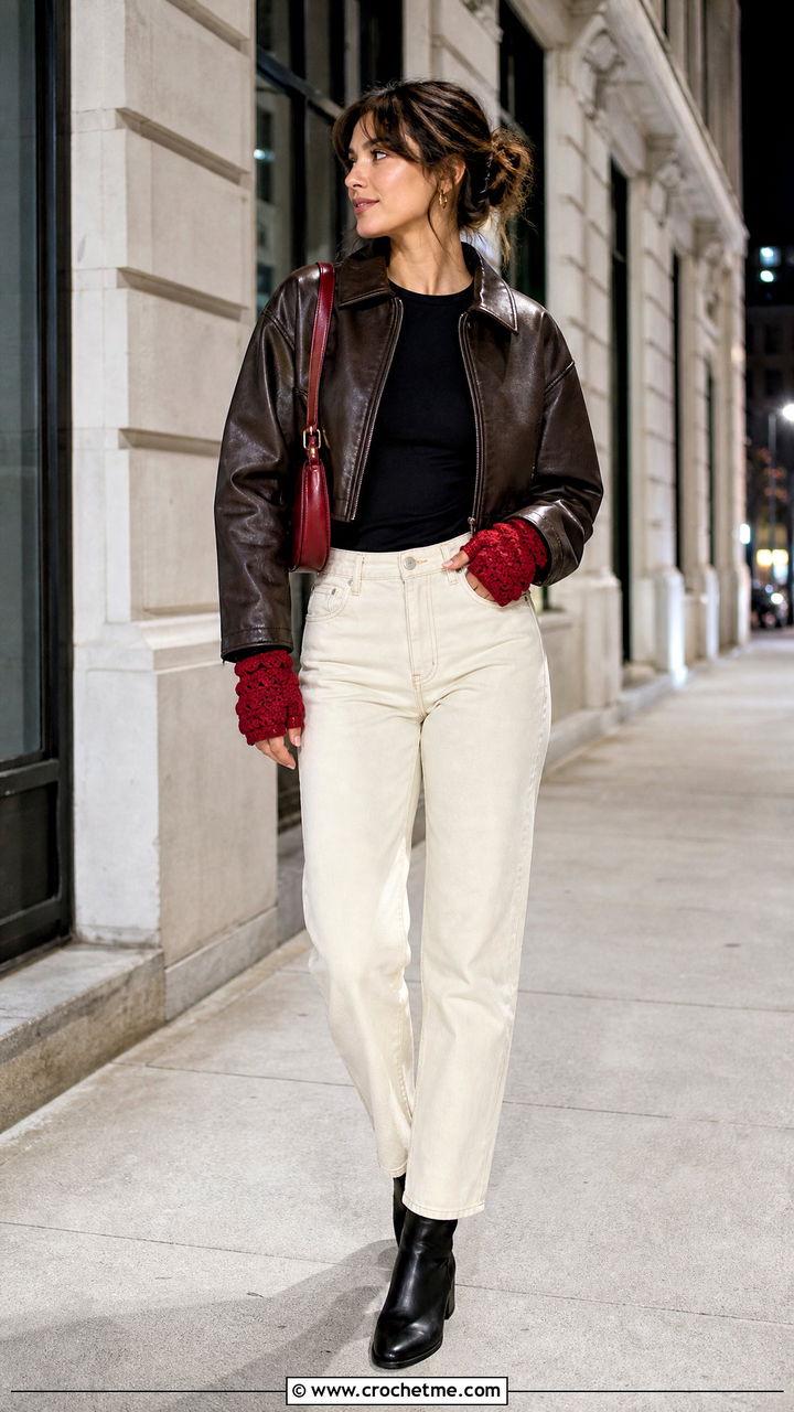 Shell Stitch Crochet Hand Warmers With Leather Jacket - 35 crochet hand warmers outfit ideas