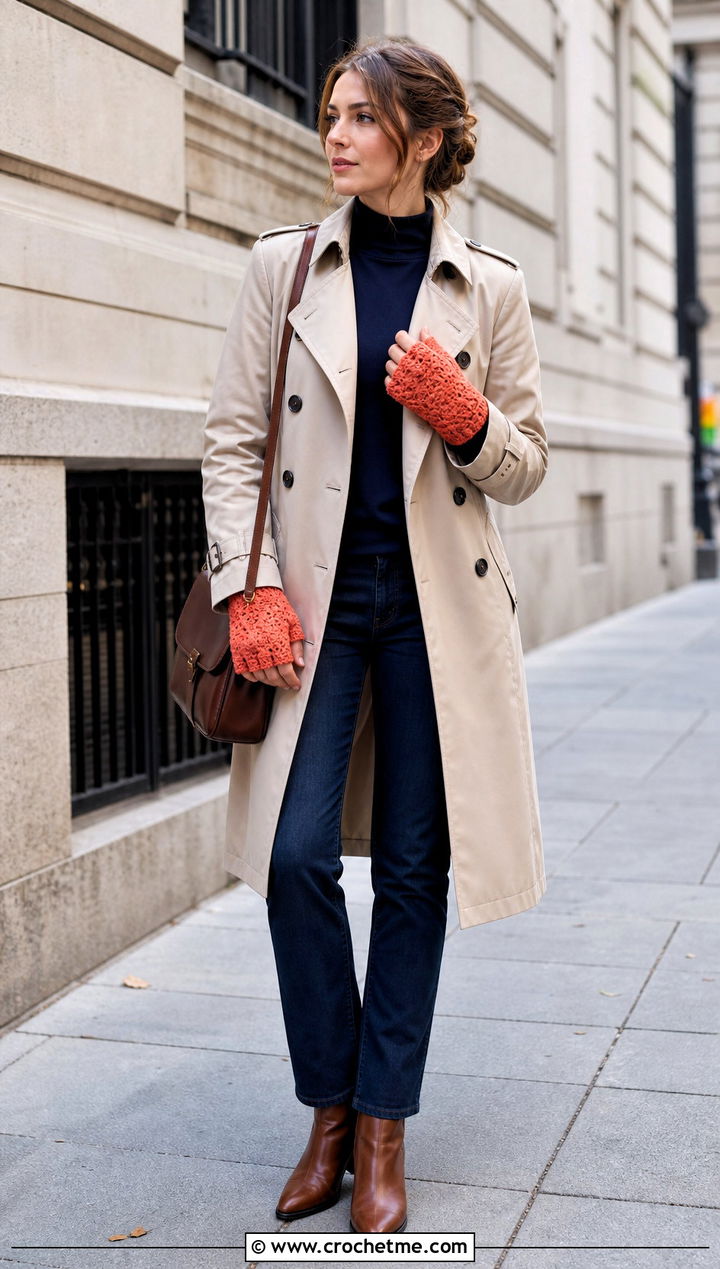 Shell Stitch Crochet Handwarmers With A Trench Coat - 35 crochet handwarmers outfit ideas