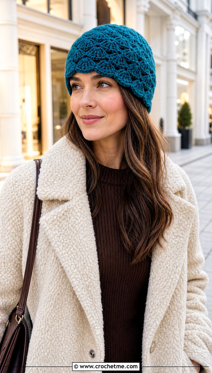 Shell Stitch Crochet Hat With Teddy Coat And Knit Dress - 30 easy crochet winter hat outfit ideas