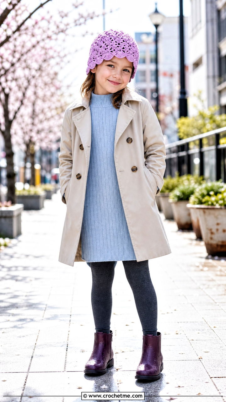 Shell Stitch Crochet Hat With Trench Coat - 35 childrens crochet hats outfit ideas